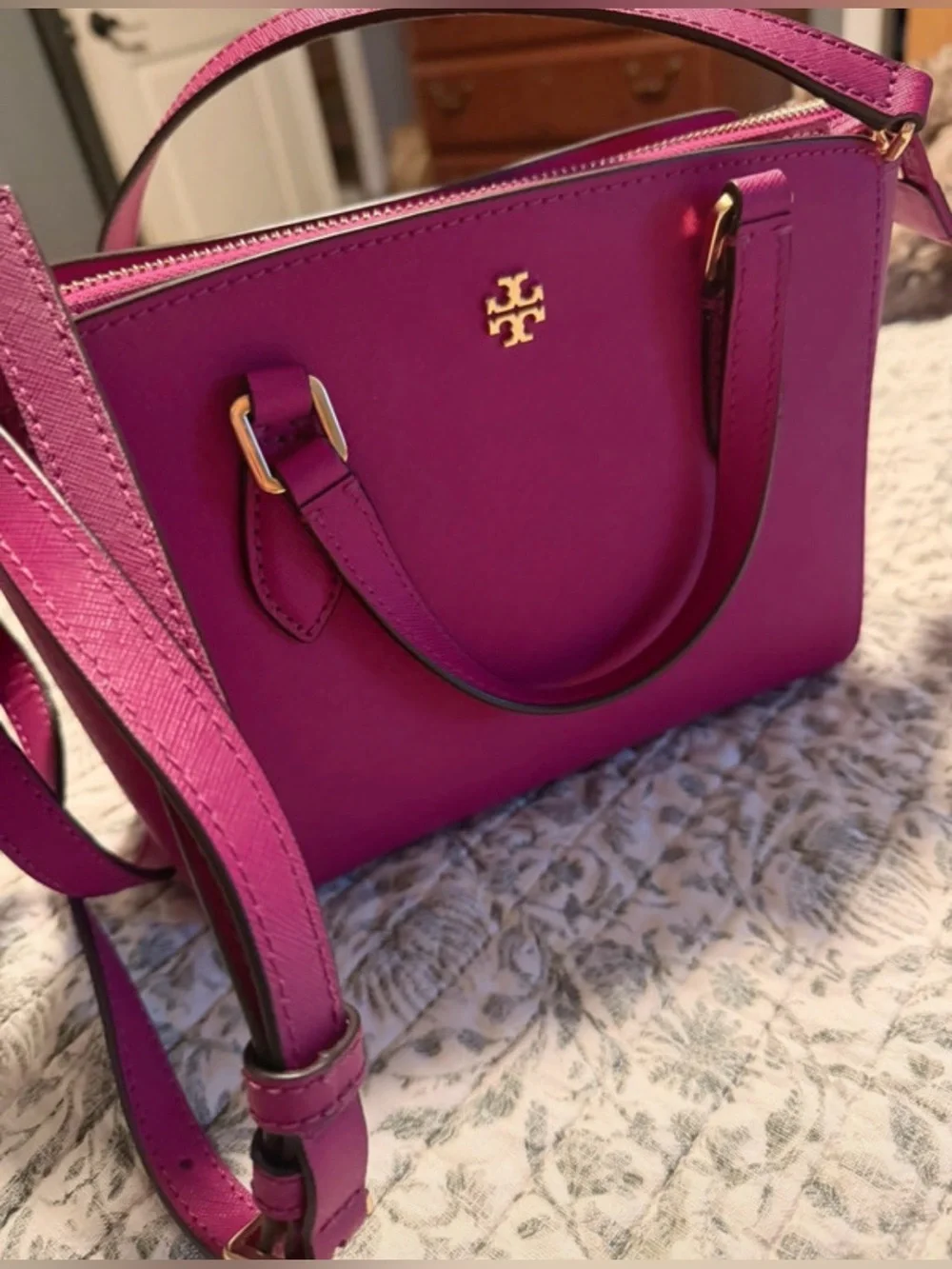 Tory Burch Emerson Mini Top Zip Tote Magenta Pink Saffiano Leather Satchel Bag